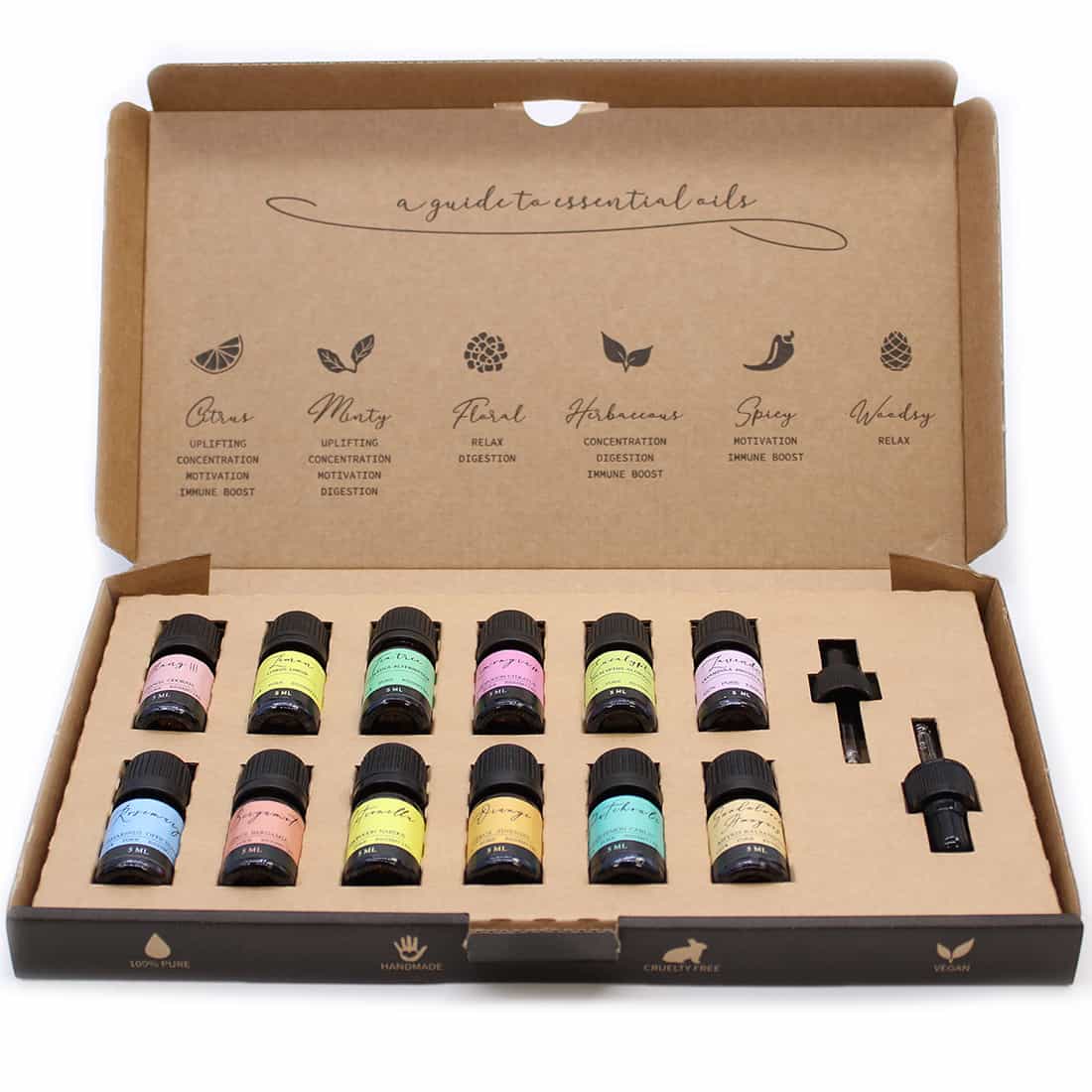 En transparent flaske med en mørkeblå væske indeholder en æterisk olie. Flasken har en rund, slank form og en gylden korkprop. Etiket i hvidt og grønt pryder flaskens front med tekst og detaljerede illustrationer. En guldkant omkranser etiketten, og flaskens bund er bredere end toppen, hvilket giver stabilitet. Refleksioner fra lyset fremhæver væskens glans.