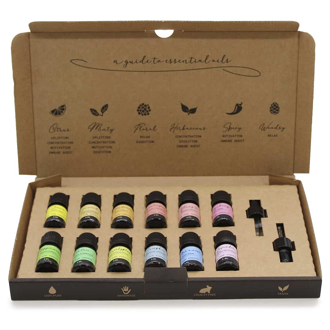 En glasflaske indeholdende æterisk olie pryder midten af en hvid baggrund. Flasken har en mørkeblå farve og en tætsiddende sorte skruelåg. Ved siden af står en lille glasflaske med en dråber, der viser en klar væske. På flaskens etiket er der elegant skrifttype med detaljerede beskrivelser. Hele arrangementet fremstår simpelt og stilfuldt.