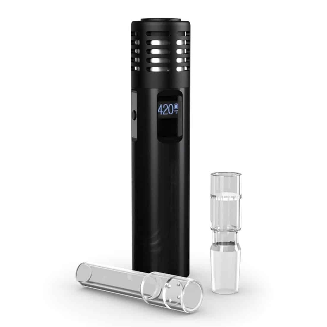 Arizer Air Max fremstår i en slank, sort plastikform med en mat overflade. En oval indsats til dampning er placeret centralt, omgivet af små, præcist placerede lufthuller. En digital skærm med temperaturvisning er synlig på forsiden, flankeret af knapper til justering. En glat, buet kant afslutter enheden, der har en moderne, ergonomisk design.