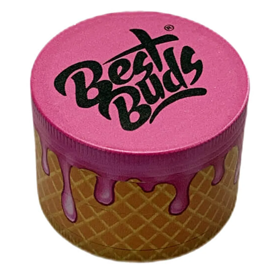 En lille, rund grinder med en diameter på 50 mm. Overfladen er dækket af et mønster i nuancer af lyserød og lilla, der minder om gelato-is. Den har en glat finish og er fremstillet af metal, hvilket giver en skinnende overflade. Kanten er let bølget, og der er små huller til at filtrere materialet.