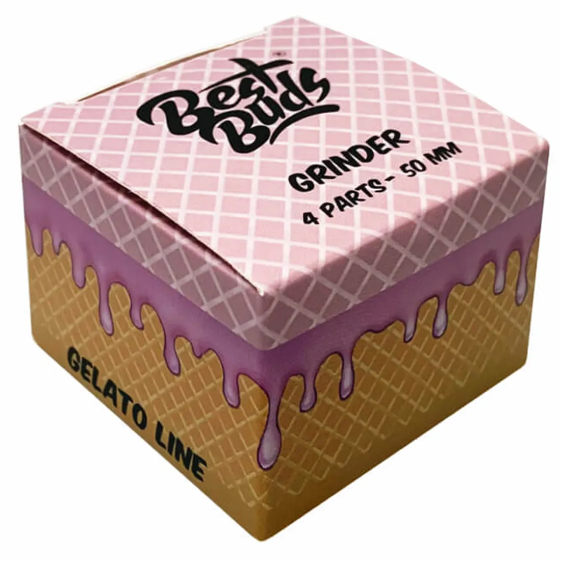 En kompakt, rund grinder i en dyb lilla farve med en glat overflade. Den har to sektioner, der er adskilt af en skridsikker kant. Øverste sektion har skarpe tænder til formaling, mens den nederste sektion indeholder en finmasket si til opsamling af kief. Grinderens samlede design er minimalistisk med en enkelt, skridsikker knap i midten.