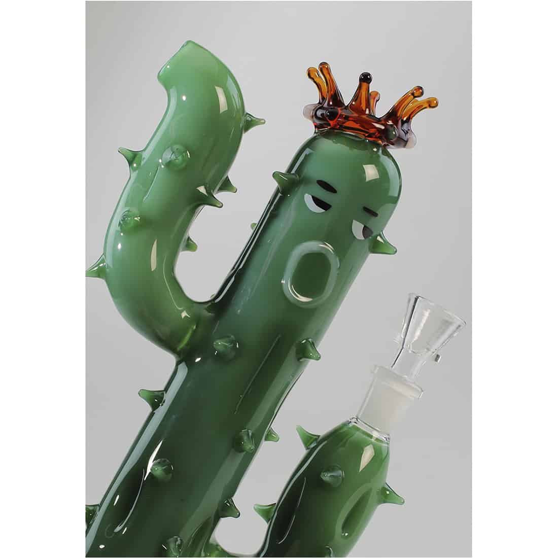 En kaktus med sortbladede, stikkende grene, præget af en krone af små, grønne blade øverst. Den har en cylindrisk form og en ru overflade med tydelige knopper og stikkende torner. Potten er rund, hvid og glat, hvilket skaber en kontrast til den mørke kaktus. Bunden er stabil og flad, hvilket sikrer balance.