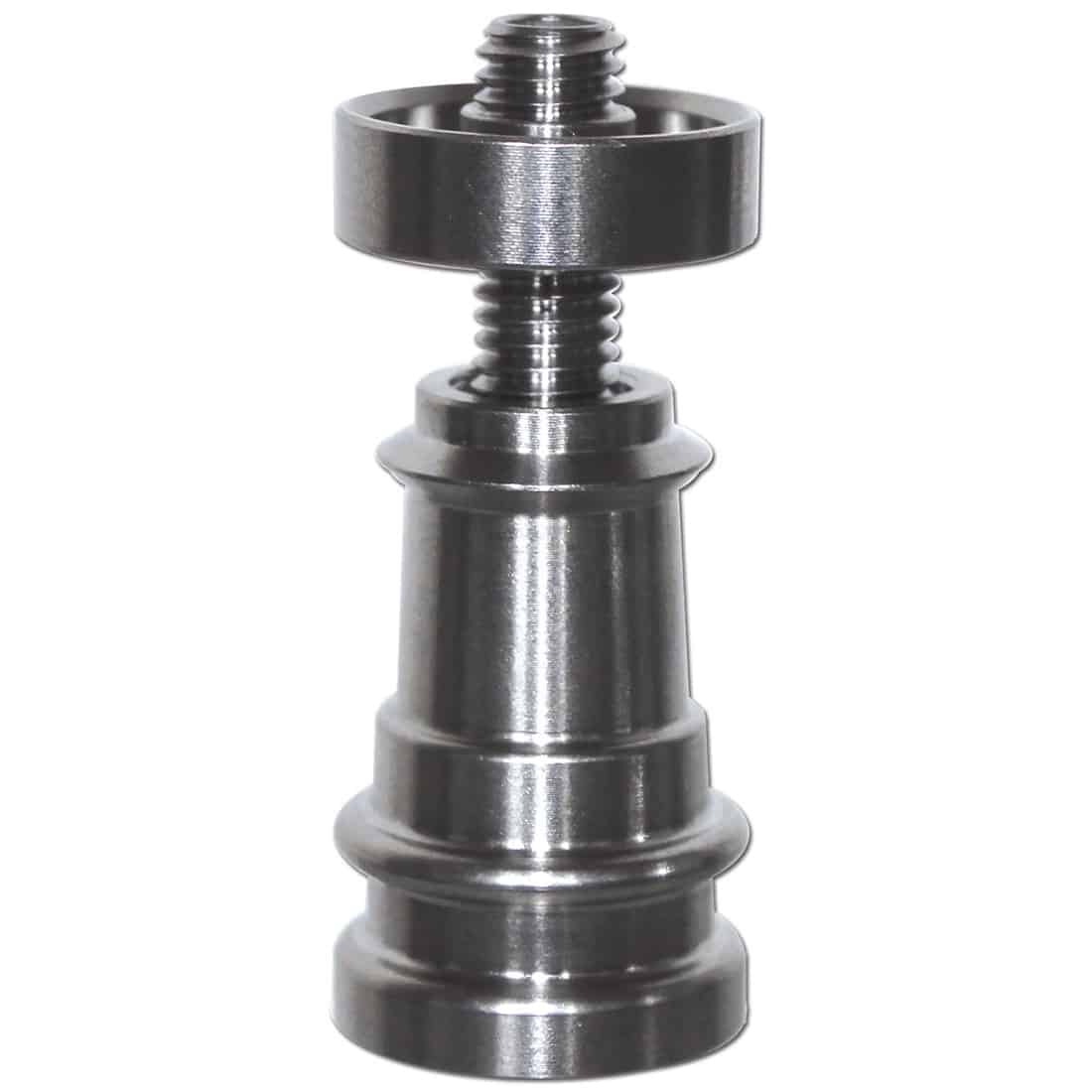 En sort titanium olie-nail med en blank overflade præsenterer sig med en elegant, slank form. Den har en skarp, konisk spids og en bredere base, der tilsluttes en standard SG 14/SG 18 forbindelse. Overfladen er glat, med fine detaljer, der fremhæver materialets kvalitet. Den mørke farve giver et stilrent og moderne udtryk.