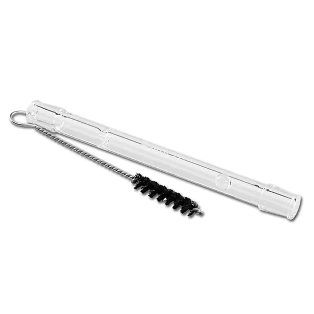 En sort håndholdt vaporizer med en glat, mat overflade. Den har en cylindrisk form med en længde på 132 mm. Forenden er let skrånet og forsynet med et mundstykke. En lille knap er placeret på siden, og der er en diskret LED-indikator. Den samlede design er minimalistisk og ergonomisk, hvilket giver et moderne udtryk.