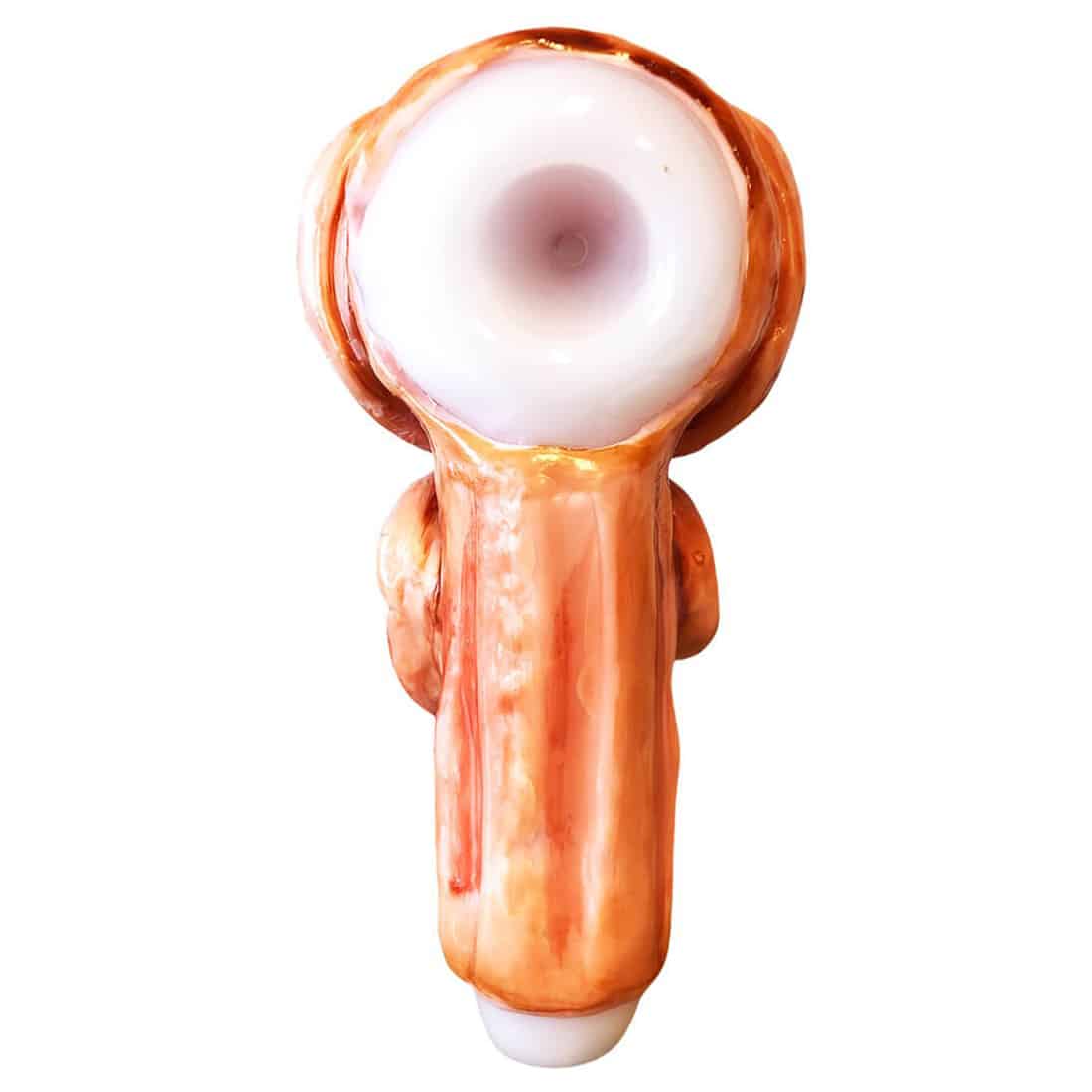 En sort octopus-lignende glasvandpibe med en glat overflade. Den har en rund krop med bløde kurver og seks bølgede arme, der strækker sig ud fra midten. Øjnene er store og udtryksfulde, fremhævet af en klar, glansfuld finish. Vandpipens mundstykke er placeret på den ene side, og der er en åbning til vand i bunden.