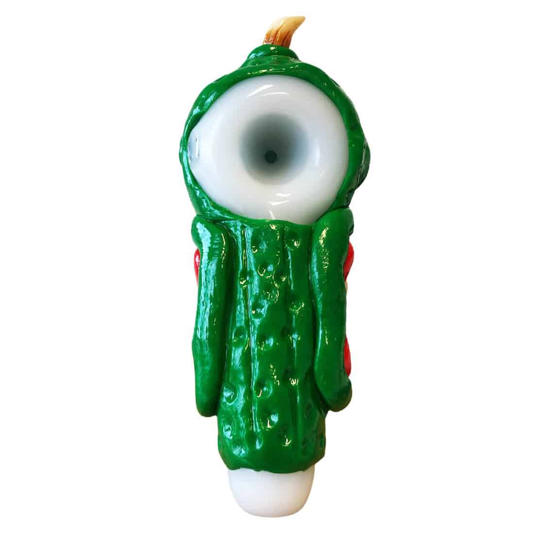 En glasrørpipe præsenteres i en dyb grøn farve med en glat overflade og let buede former. Røret har en mørkere, næsten sort nuance i midten, hvilket skaber en kontrast. Det er dekoreret med farverige, cartoon-lignende ansigtstræk og en fin struktur, der tilføjer detaljer. Røret måler cirka 150 mm i længden og har en bred åbning.