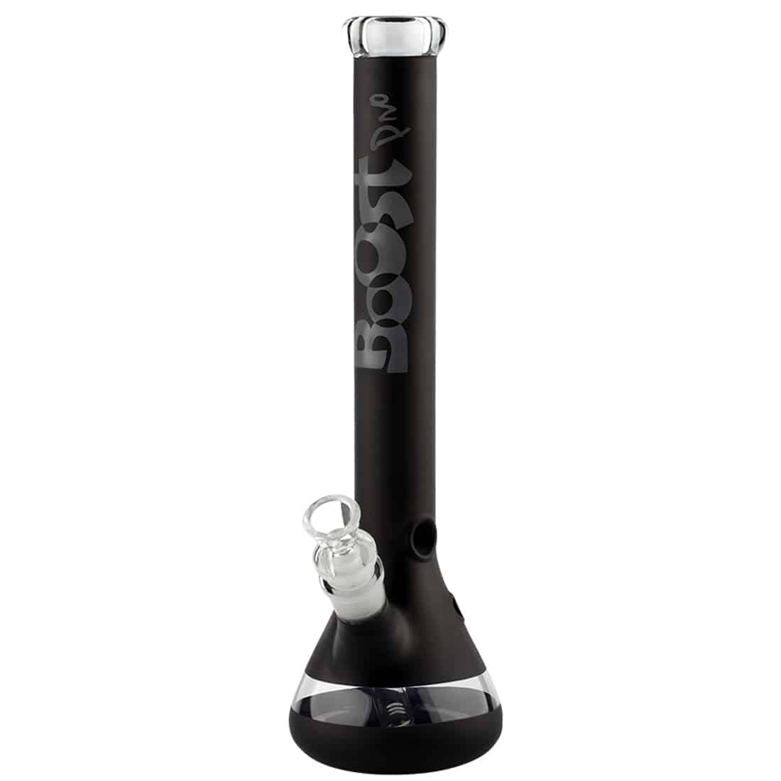 En cylindrisk bong i klart glas med en højde på 45 cm. Den har en sort, mat overflade på bunden, der skaber kontrast til det gennemsigtige glas. Der er en bred, stabil fod, og et buet rør, der fører til en smal hals. En skål til tobaksprodukter er tilsluttet rørets side. Glasset har en glat, gennemsigtig tekstur.