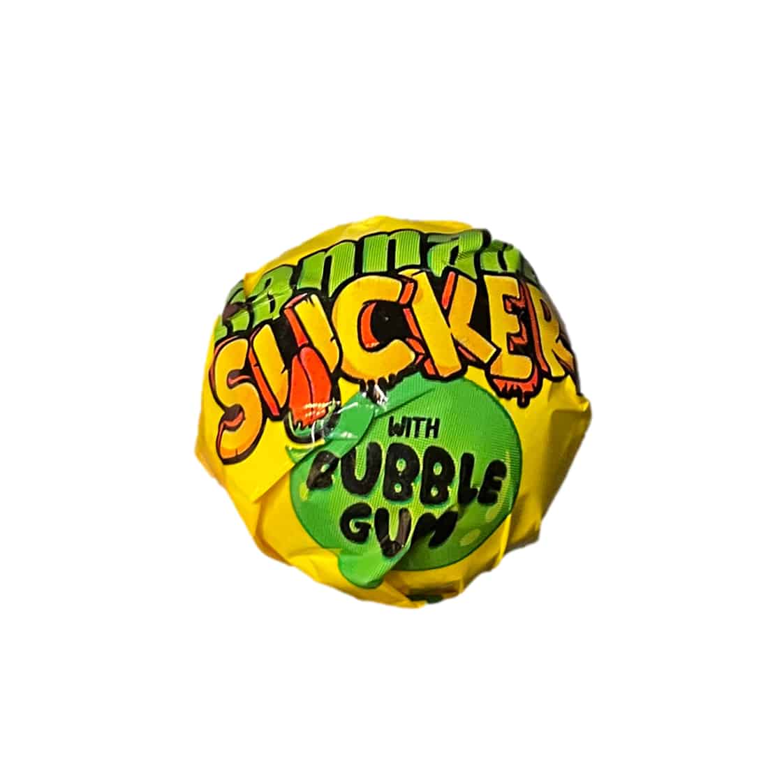 En pakke med sukkersøde slik, der har en klar, glansfuld overflade, prydet med forskellige farver som lyserød, blå og grøn. Hver slik har en rund form og er indpakket i gennemsigtigt materiale, hvor farverne skinner igennem. Labels med farverige skrifttyper angiver smagsvarianter, og en let glittereffekt tilføjer visuel interesse. Slikpindene er placeret i en ordnet række.