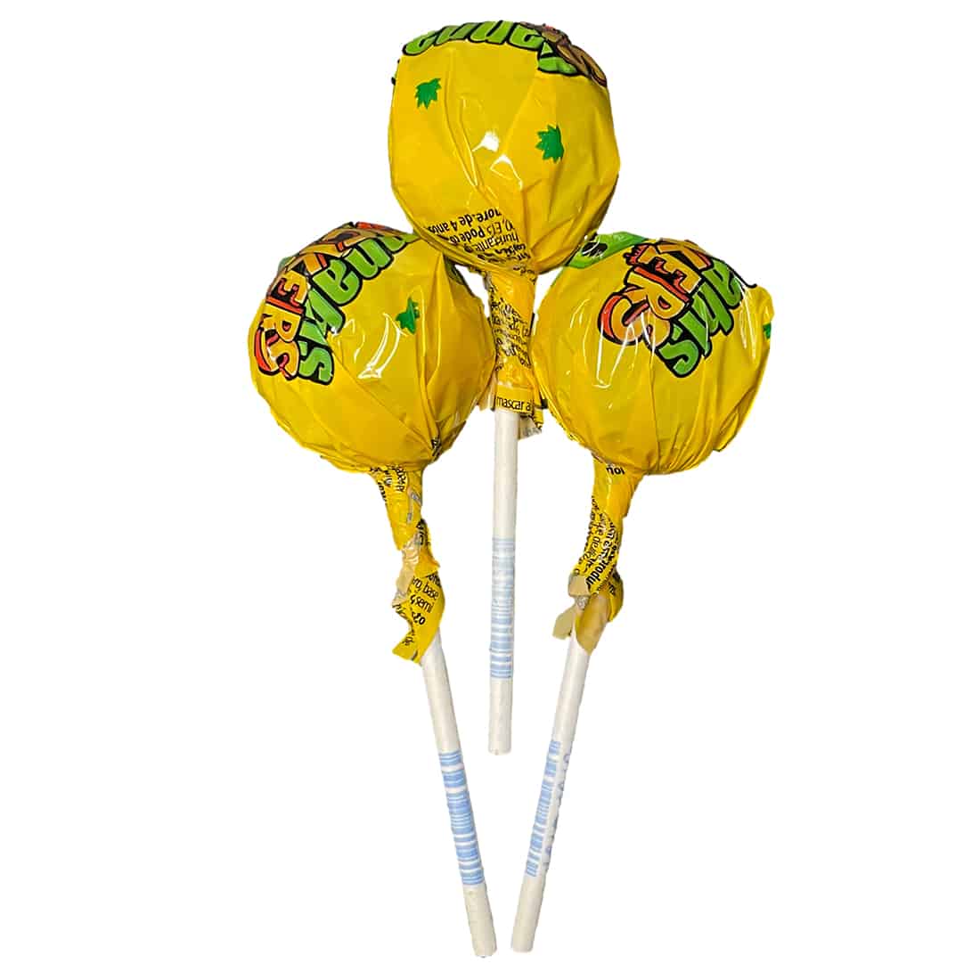 Cirkulære slik med en glat, skinnende overflade i forskellige farver som lyserød og blå. Hver slik har en tydelig stamme i midten, der er dækket af en farverig wrapper. Mønsteret på slikkerne inkluderer en ensartet farve og en let gennemsigtig tekstur, der giver en legende og iøjnefaldende effekt. Wrapperne er glatte med trykte detaljer.