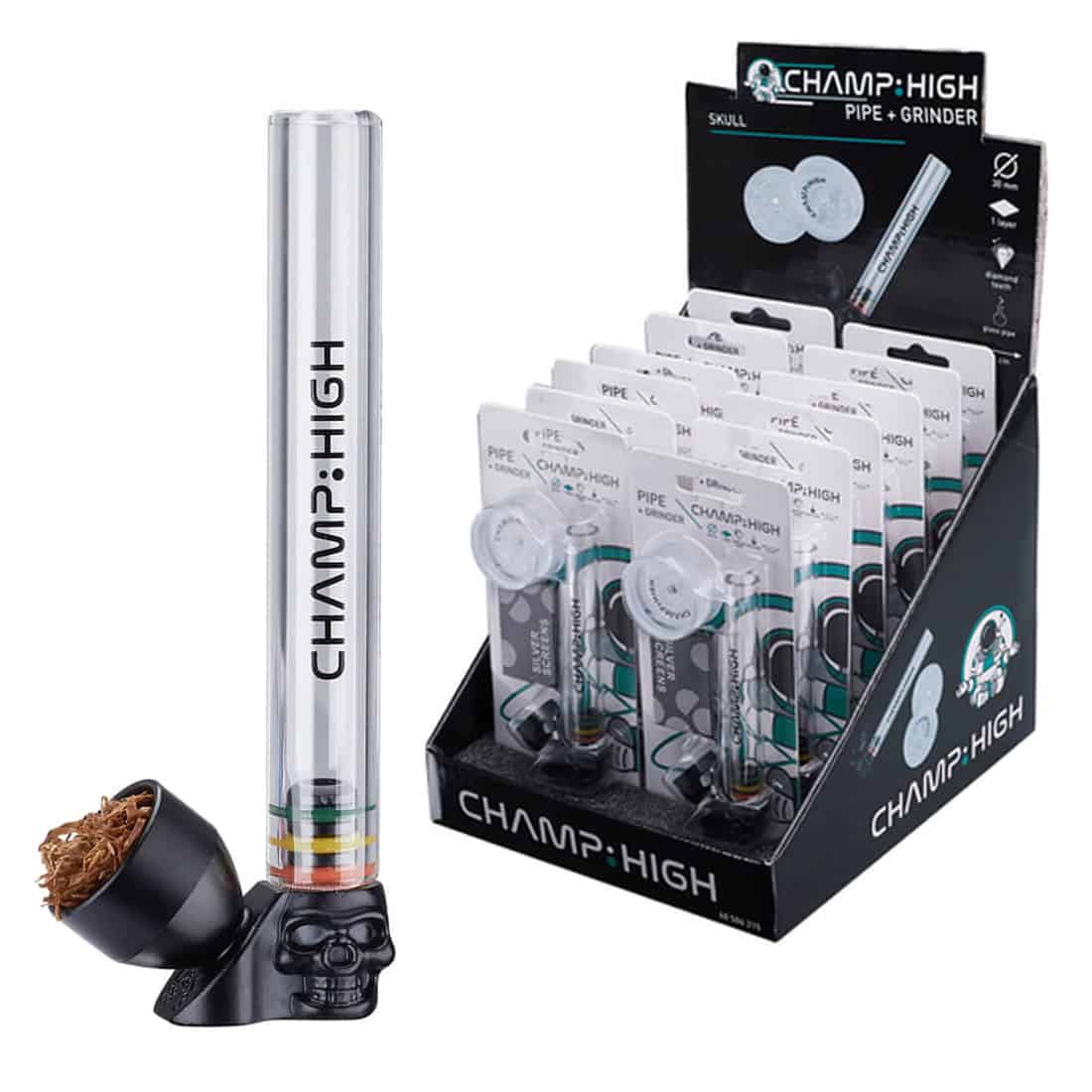 En transparent krystalpipe i form af et kranium præsenterer sig med detaljeret udskårne ansigtstræk og en glat, skinnende overflade. Den har en let buet form og en bred åbning til indføring af materiale. Farven er klar med subtile reflekser, der fremhæver de indviklede detaljer. Pipeens struktur og design giver et unikt, kunstnerisk udtryk.