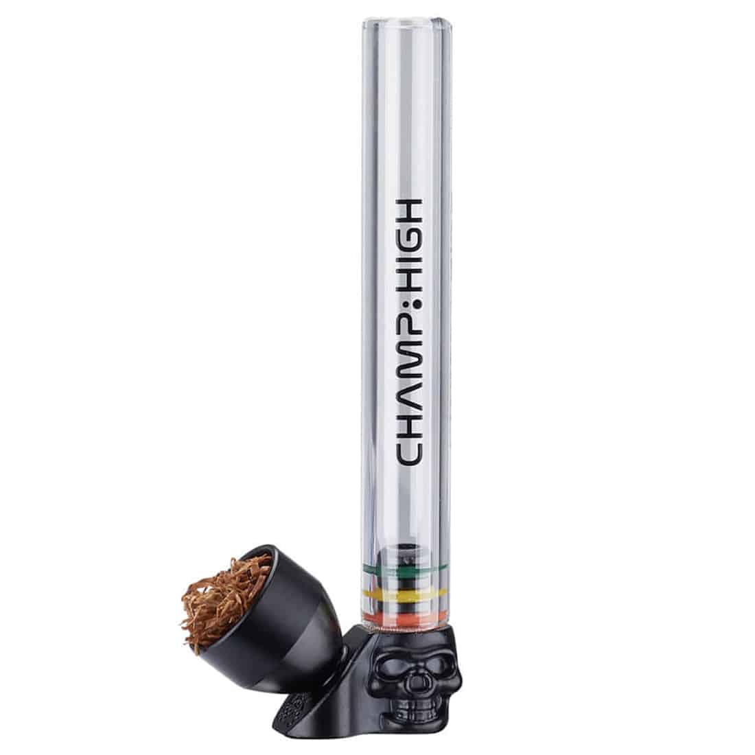 En gennemsigtig rørpibe i form af et kranium. Den har en glat overflade med en let blålig tone og tydelige detaljer i ansigtstræk som øjne, næse og kæbe. Rørpiben har en bred åbning til indføring af tobaksprodukter og en snæver hals, som leder røg. Den står på en flad base, der giver stabilitet.