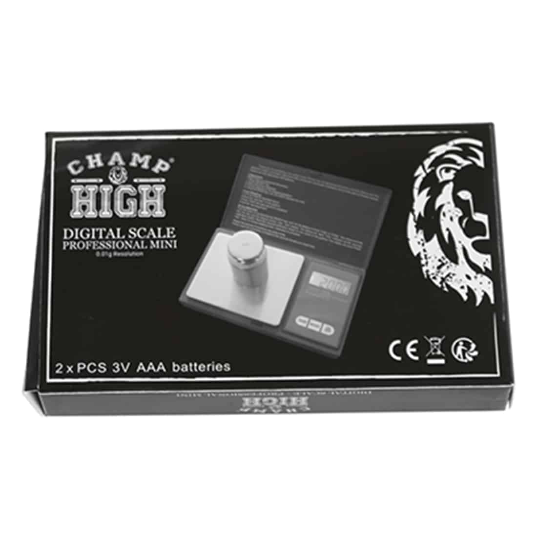 En lille digital vægt i sort plastik med et klart LCD-display, der viser tallet 0.00. Vægten har en firkantet form med afrundede kanter. Der er en sølvfarvet knap på toppen til tænd/sluk-funktion. Under displayet er der en flad, glat overflade til vejning, mens undersiden har en skridsikker tekstur, der sikrer stabilitet.