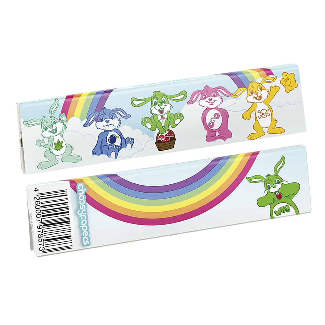 En foldbar papæske med farverige tegneserie-kaniner og regnbuer, BUNNYS viser forskellige udtryk mod en skyet baggrund, herunder stregkode og "choosypapers" logo; ideel til King Size Slim entusiaster.