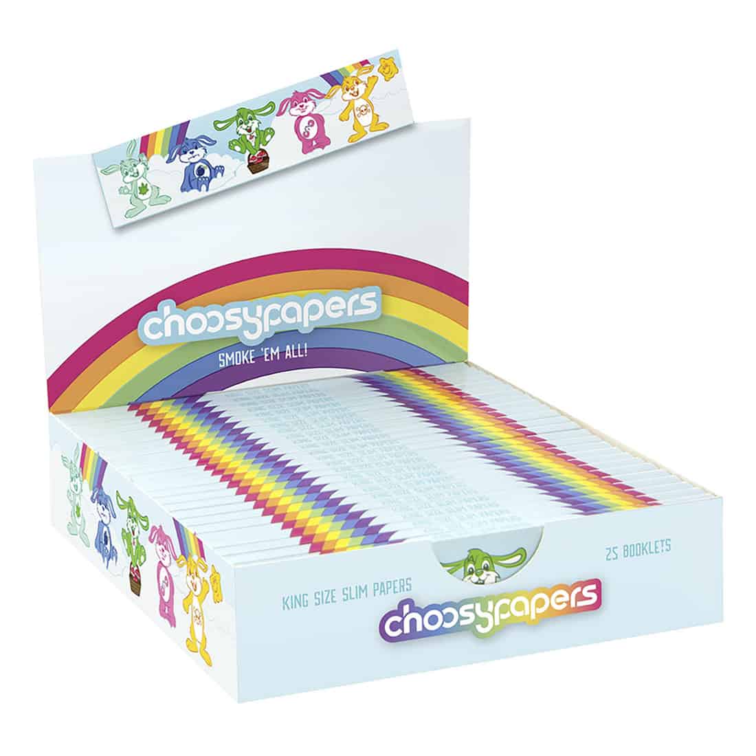 En livlig pakke med Choosypapers BUNNYS King Size Slim rullepapir med farverige tegneseriefigurer, en regnbue og sloganet "Smoke 'Em All", indeholdende 25 hæfter.