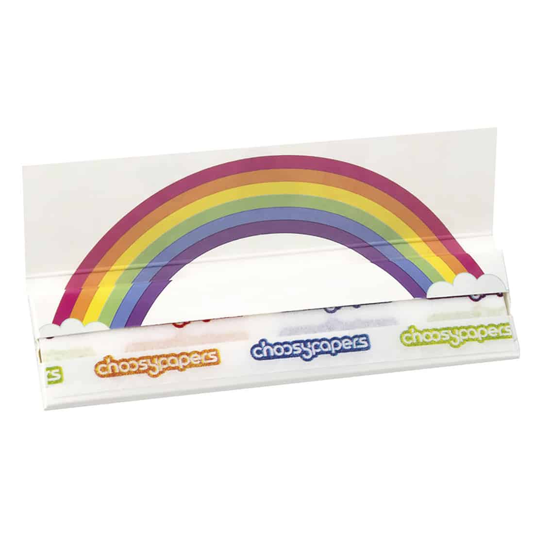 Choosypapers - BUNNYS King Size Slim pack med farverig regnbue og skyer på indvendigt låg samt "choosypapers" logo i levende farver i bunden.