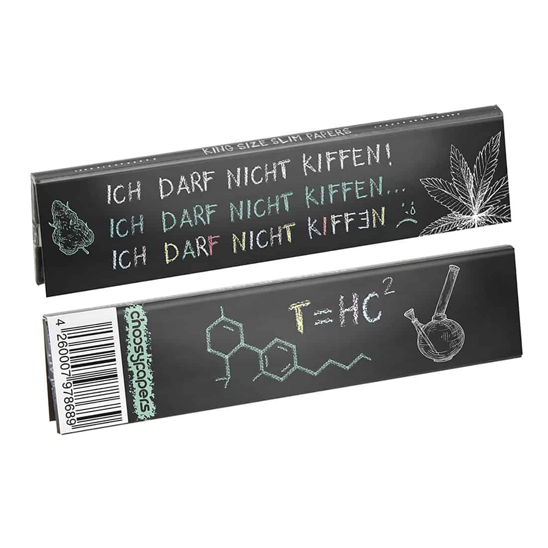 En pakke Choosypapers "ICH DARF NICHT KIFFEN" King Size Slim rullepapir, med tysk tekst, cannabissymboler, kemiske strukturer og en bong-illustration på en sort baggrund.