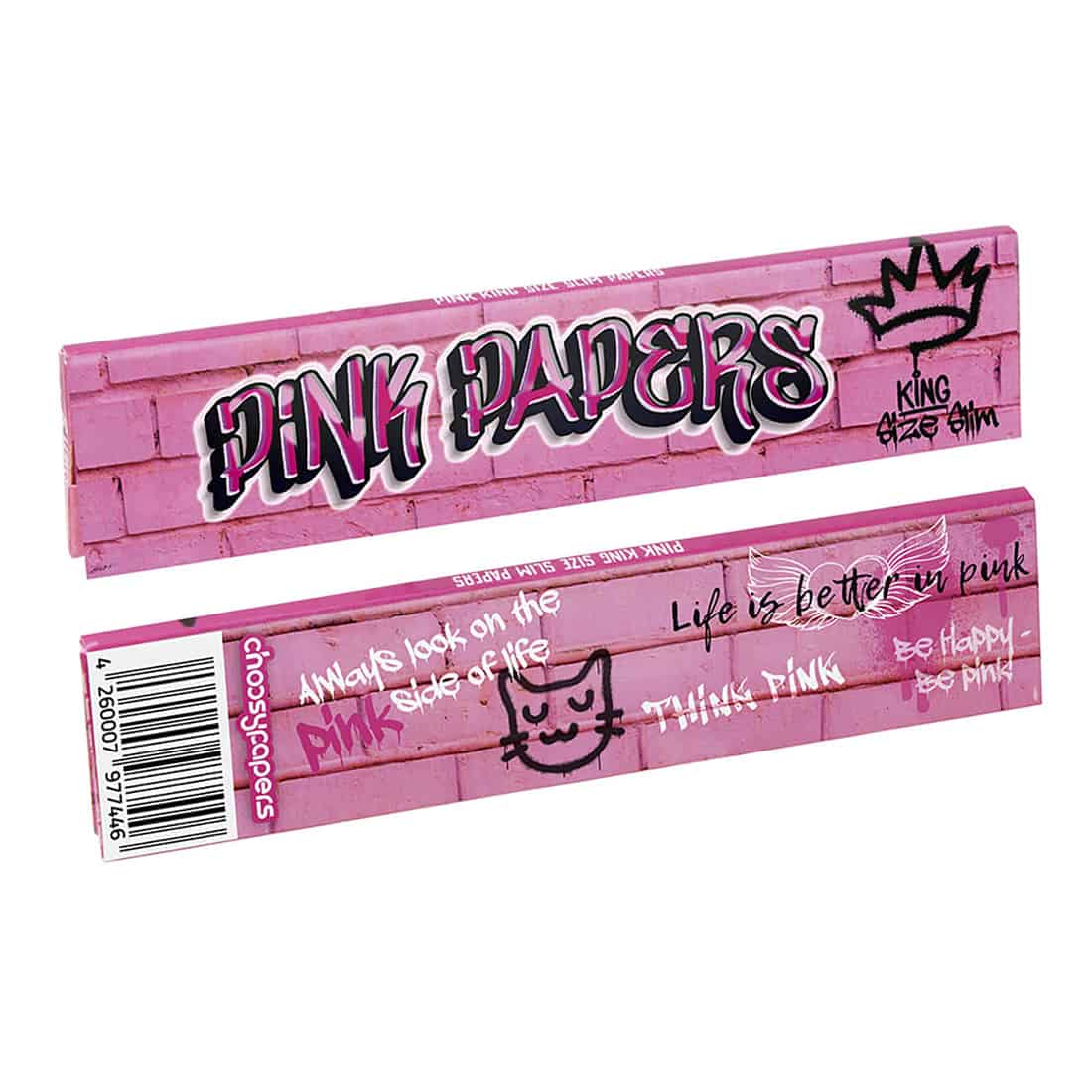 En lyserød pakke "Choosypapers - PINK GRAFFITI King Size Slim" med tekst i graffitistil, pink murstensvægdesign og kruseduller som en krone og et katteansigt.