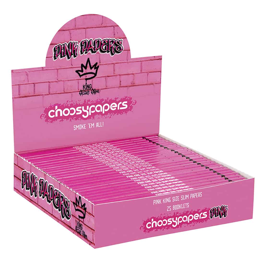 Choosypapers PINK GRAFFITI King Size Slanke rullepapir med graffiti-stil tekst og kronedesign, i en udstillingsboks indeholdende 25 "Smoke 'Em All!" mærkede hæfter.