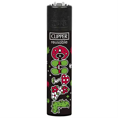En klassisk lighter i en slank, rektangulær form med afrundede kanter. Overfladen har en mat finish i en dyb grøn nuance, prydet med et farverigt mønster af grafiske elementer og symboler, der fremstår i kontrast til den grønne baggrund. Lighterens top har en hævet, sølvfarvet metalknap til tænding, der skinner let.