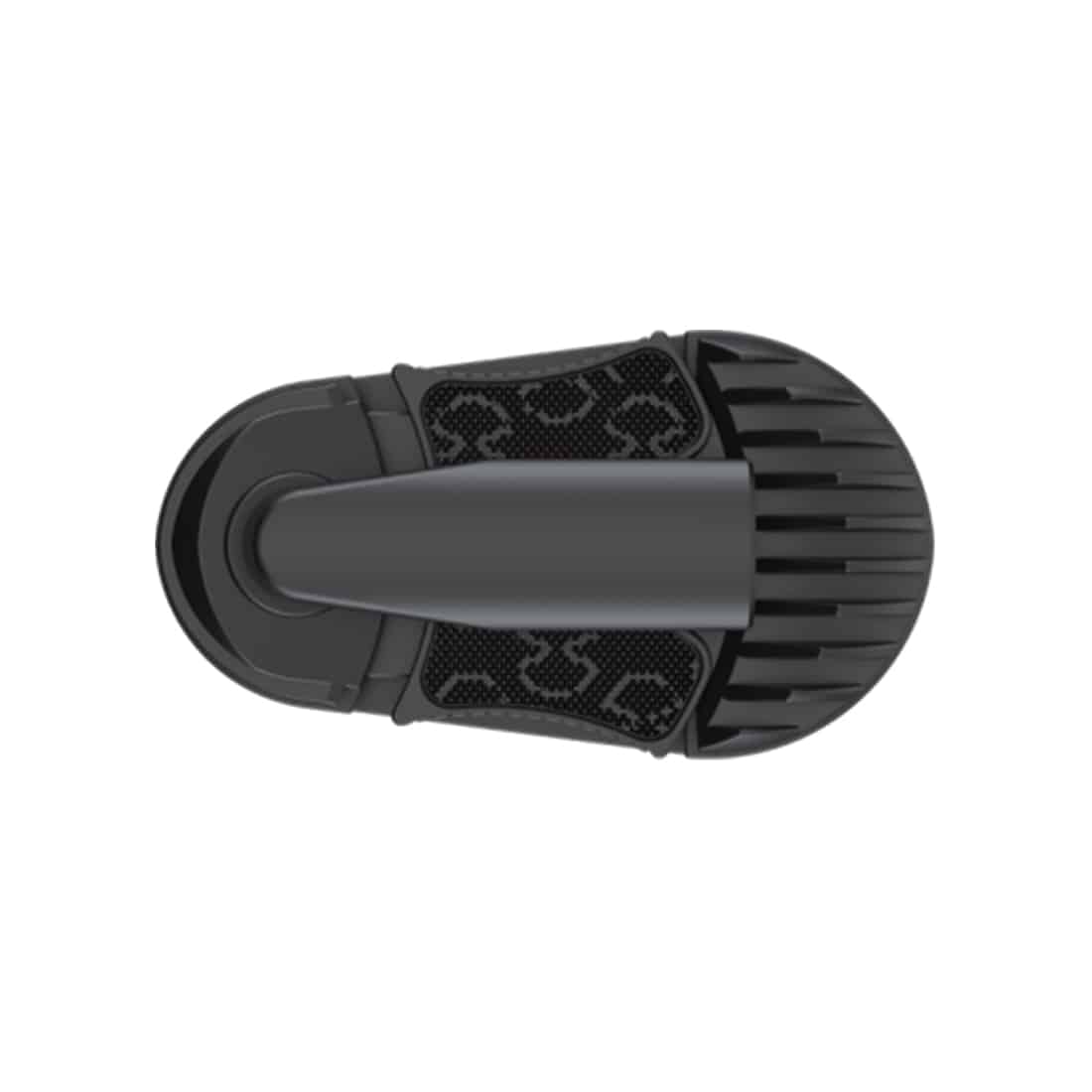 En kompakt vaporizer pryder overfladen med en mat, sort plastikfinish, der skaber en elegant, moderne æstetik. Den har en rektangulær form med afrundede kanter. Foran ses en digital skærm med en baggrundsbelyst visning og knapper til justering. En cylindrisk mundstykke i metal er placeret øverst, og der er synlige ventilationsåbninger på siden for varmeafledning.