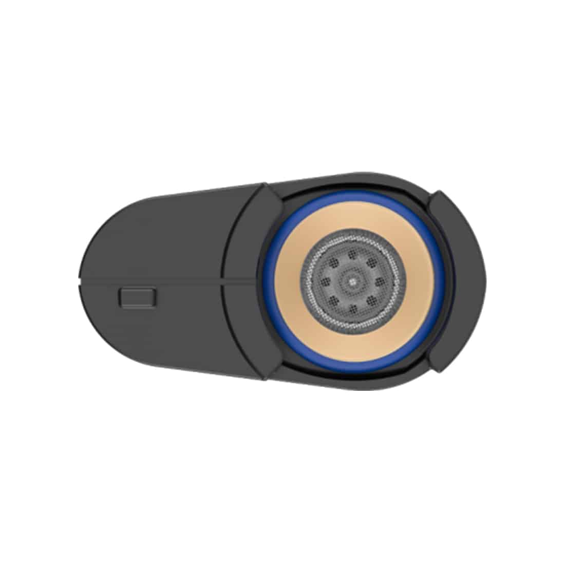 En sort og sølvfarvet vaporizer med en glat, metaloverflade. Den har en aflang form med afrundede kanter og en digital skærm placeret centralt. Under skærmen findes tre knapper: to til justering og en til tænd/sluk. En perforeret ventilationsåbning er synlig på siden, og en mundstykke er placeret i den øverste del.