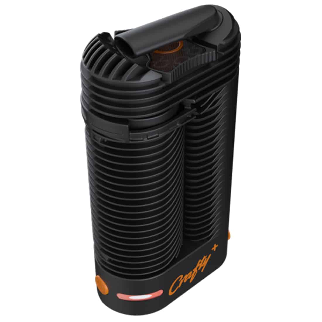 En kompakt vaporizer præsenterer sig med en glat, sort overflade og en minimalistisk form. Den har en lille, digital skærm med tydelige tal og et par knapper til justering. En mundstykke i metal stikker op fra toppen, mens en aflang, rektangulær base giver stabilitet. En diskret luftventil ses på siden, hvilket understreger designets funktionalitet.