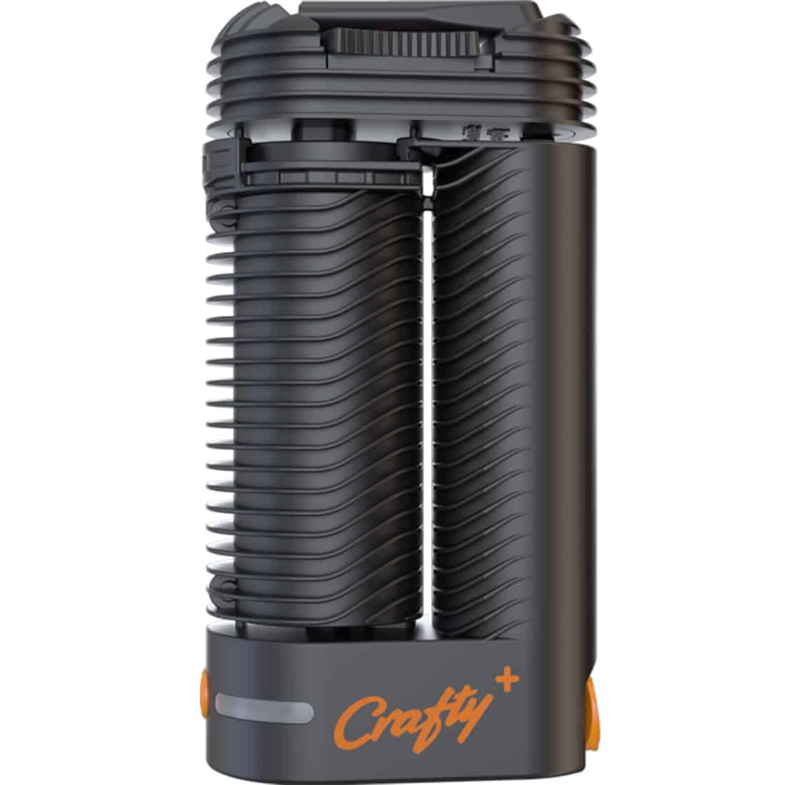 Crafty Plus vaporizer præsenterer en kompakt, rektangulær form med afrundede kanter. Overfladen er dækket af en mat, sort plast med en struktureret tekstur, der giver et godt greb. En digital skærm viser temperatur og indstillinger, omgivet af knapper i sølvfarvet metal. Ventilationsåbninger er placeret på siden, hvilket fremhæver det funktionelle design.