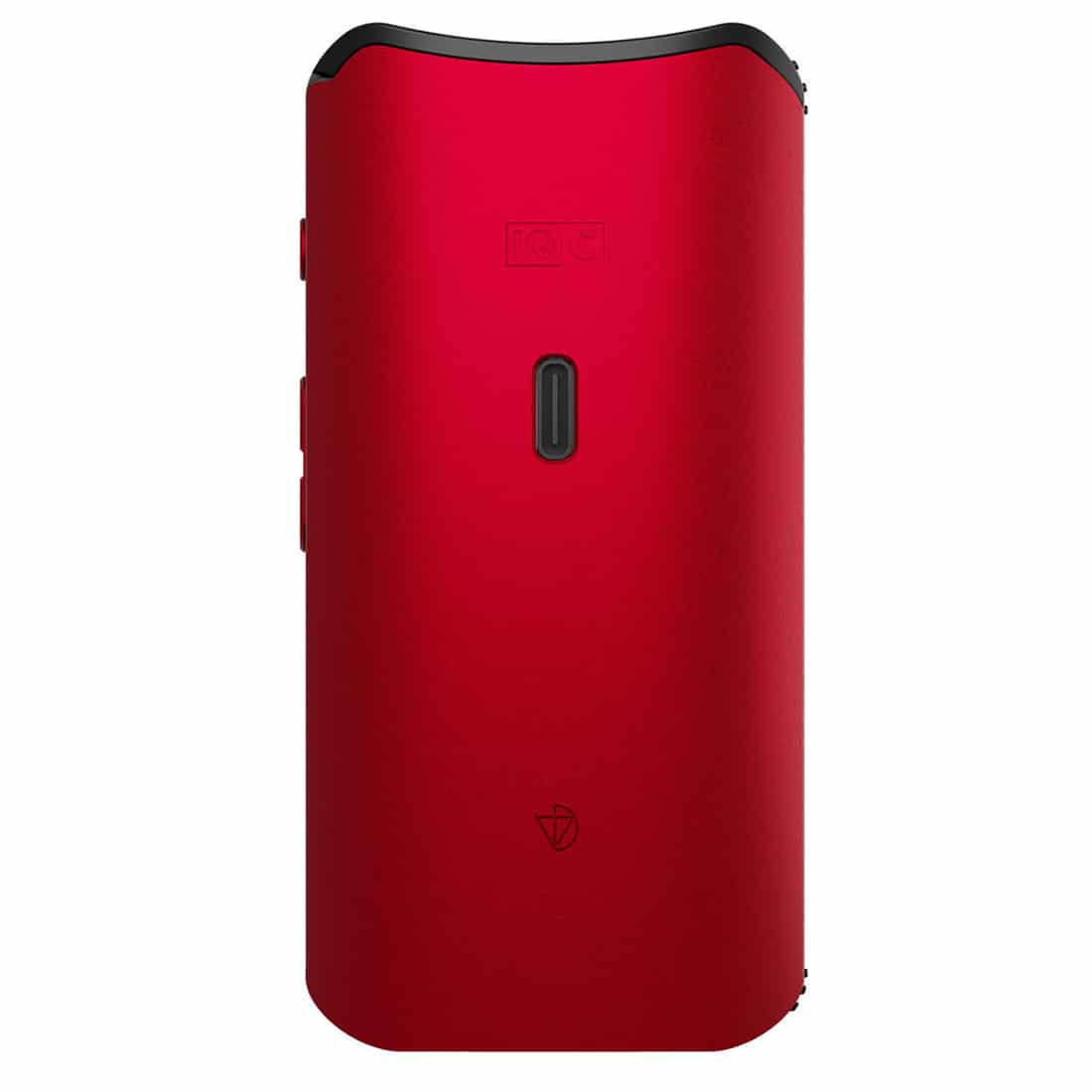 En kompakt vaporizer præsenterer sig med en slank, sort metaloverflade og et minimalistisk design. Fronten har en digital skærm med klare, hvide tal og symboler til temperaturindstilling. Ved siden af skærmen findes fire knapper i en mat finish. En let buet form og afrundede kanter giver en stilfuld silhuet, mens en gummibase sikrer stabilitet.