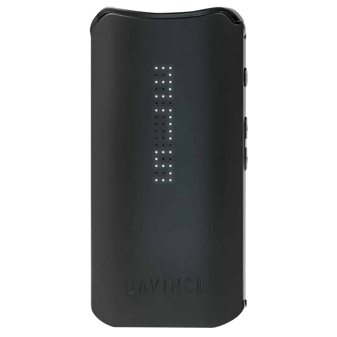 En kompakt, ergonomisk vaporizer præsenterer sig i en sort plastikoverflade med glatte linjer og en mat finish. Den har en digital skærm med tydelige tal og symboler, samt tre knapper i forskellige størrelser. En metalmundstykke i sølvfarve fremhæver designet, mens en lille luftventil er synlig i siden. Enheden fremstår moderne og funktionel.