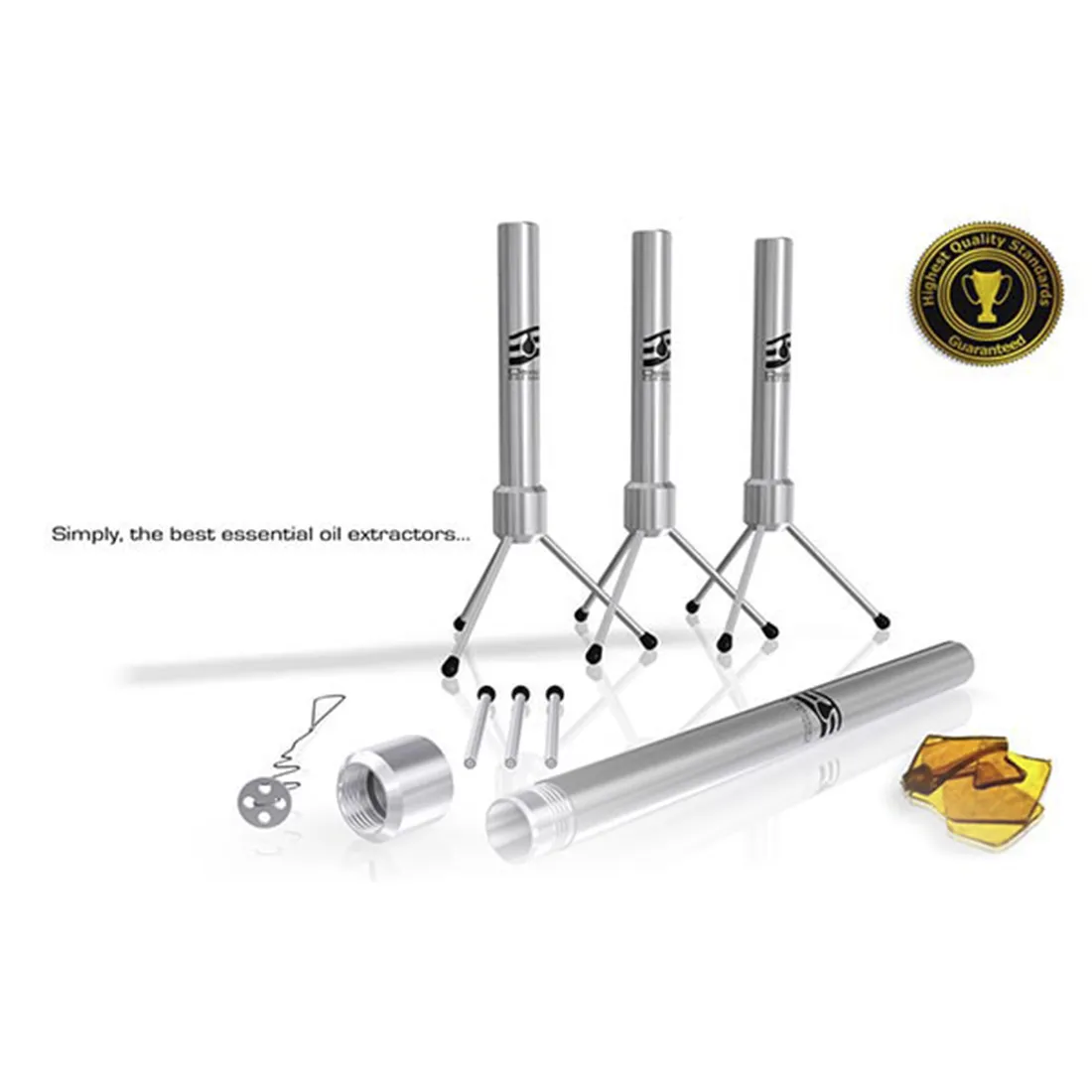 Dexso X Black Leaf olieekstraktor præsenterer et slankt design i sort plast med en mat overflade. Den har en cylindrisk form og en gennemsigtig beholder i midten, der viser indholdet. På toppen findes en drejeknap med tydelige indikationer. En slange i silikone er tilsluttet, hvilket tilføjer funktionalitet. Elementerne er placeret systematisk for at sikre effektiv brug.