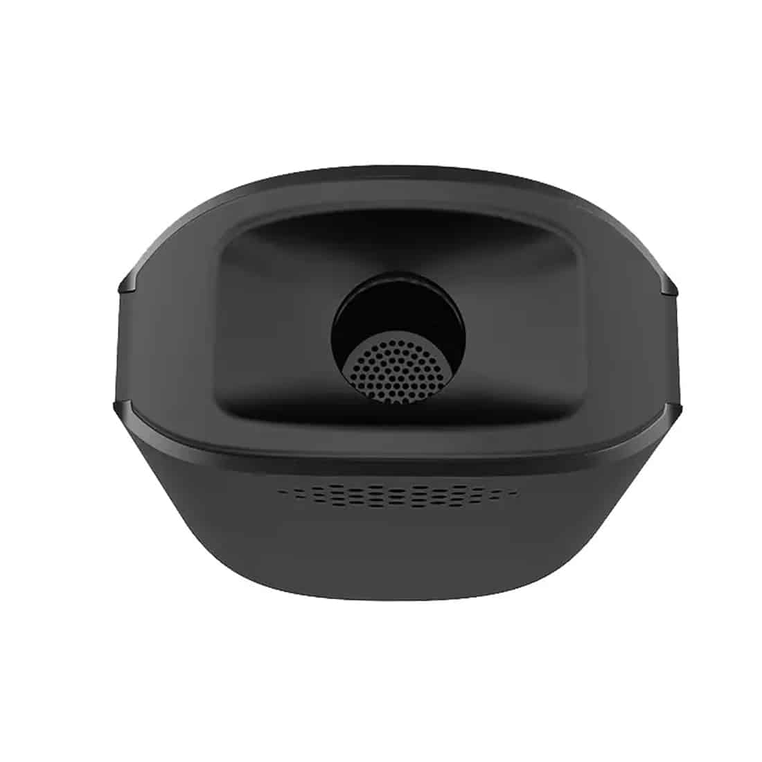 En kompakt vaporizator præsenteres i en mørk farve med en glat, mat overflade. Fronten har et digitalt display med tydelige tal og knapper i metal. Der er en rund, skridsikker bund, og en gummibelægning som sikrer grebet. Tilbehør inkluderer en glasrør og et mundstykke. Hele enheden har en minimalistisk og moderne æstetik.