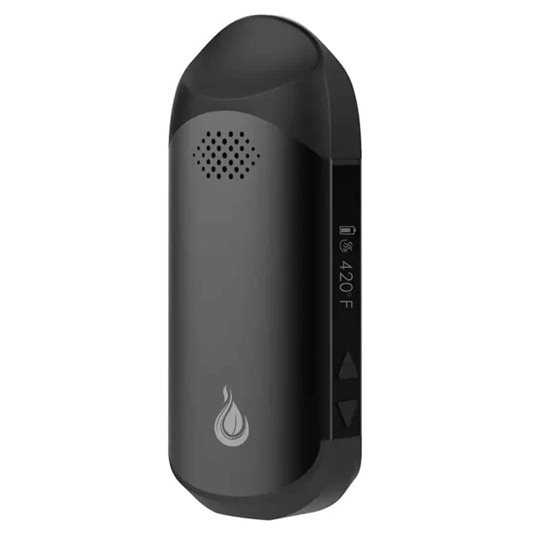 Flowermate Cap Pro præsenterer en kompakt enhed med en mat, sort overflade og runde kanter. Den har en digital skærm med hvide tal og symboler, der viser temperatur og batteristatus. Knapperne er placeret på siden og har en glat tekstur, mens enheden har en enkelt, diskret luftkanal, der går ind i en mundstykke med en let buet form.