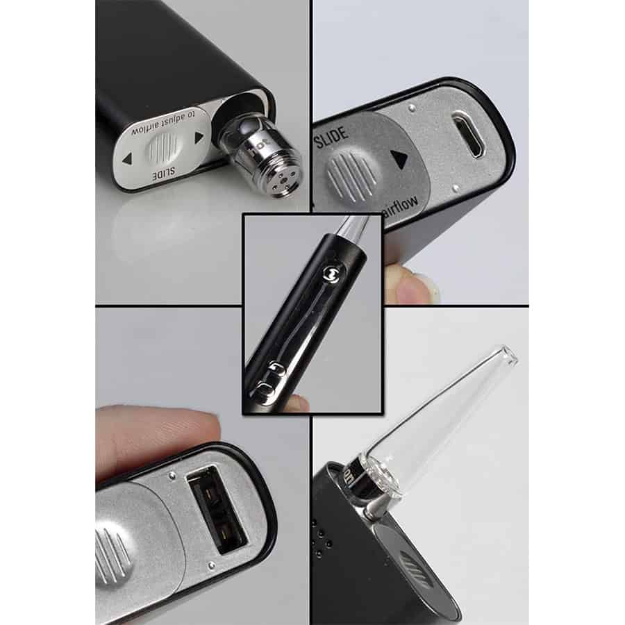 En sort vaporizer med en slank, kompakt form og afrundede kanter. Overfladen er mat med en let tekstur, der giver et behageligt greb. En digital skærm er placeret på fronten, med tydelige tal og symboler. Der er en afbryderknap på siden, og en lille åbning til dampudgang. Designet er minimalistisk og funktionelt.