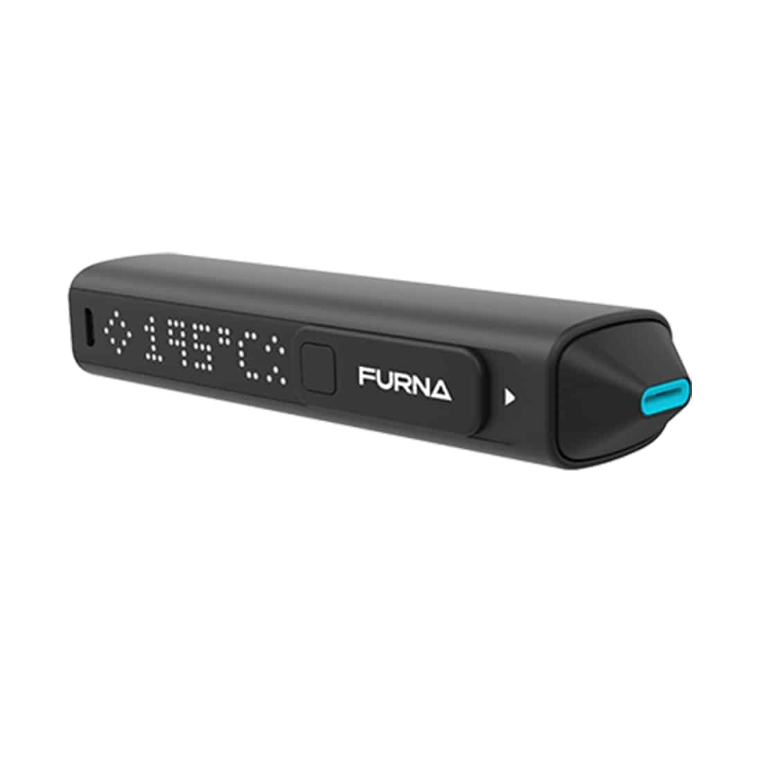 Furna vaporizer præsenterer et strømlinet design med en mat sort finish og en rektangulær form. En lille, rund knap er placeret på forsiden, omgivet af en diskret LED-indikator. Overfladen er glat med en let tekstur, der giver et moderne udseende. Den øverste del har en aflang åbning til damp og en sidemonteret luftkanal.