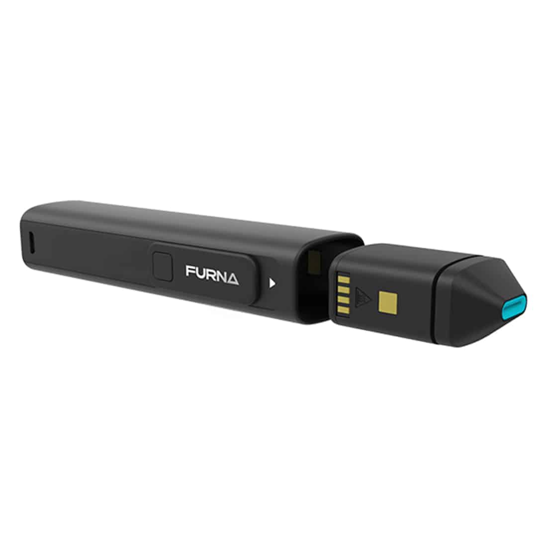 En kompakt vaporizer præsenterer sig med en mat sort overflade og glatte, afrundede kanter. Den har en tydelig digital skærm med hvide tal og symboler, der indikerer temperatur og batteriniveau. En metaltragt med perforeringer er synlig på toppen, og en knap til betjening sidder på siden. En elegant, minimalistisk designstil præger hele enheden, hvilket giver et moderne udtryk.