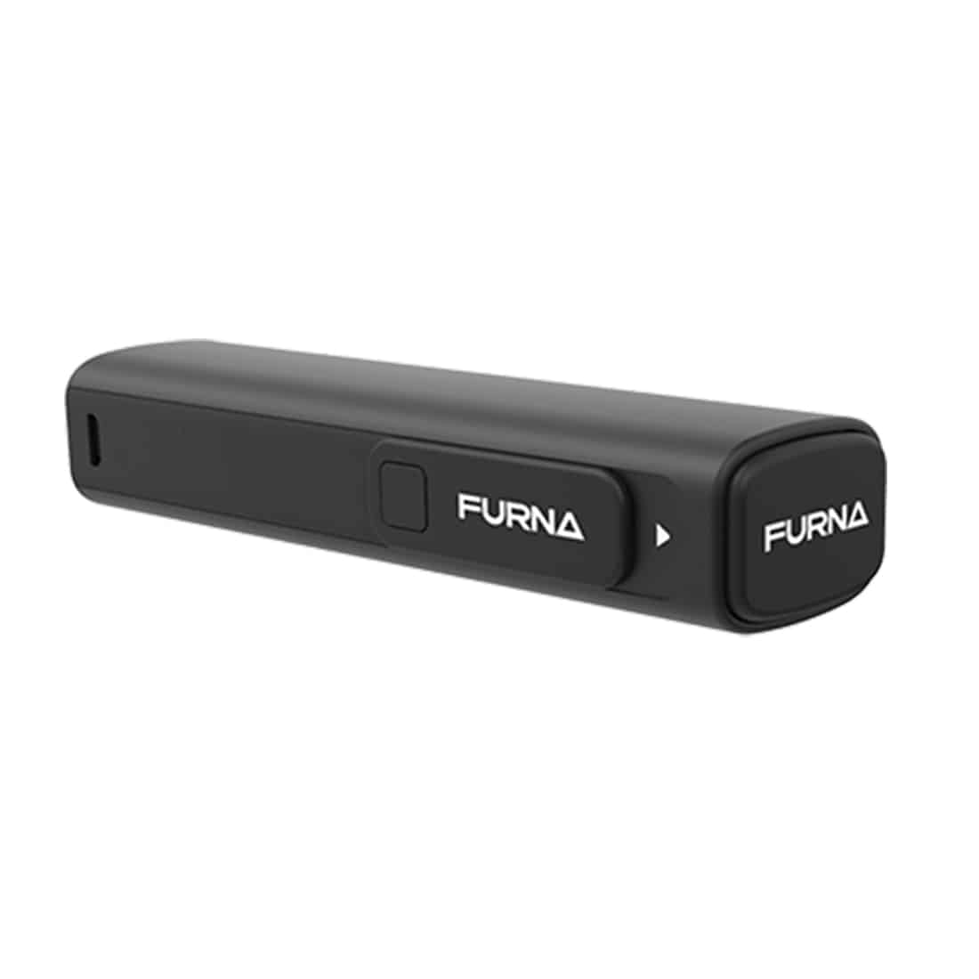 Furna vaporizer præsenterer en slank, rektangulær form med afrundede kanter. Den er fremstillet af mat sort plast, der giver en moderne og stilren finish. Øverst sidder et klart display med digitale tal og ikoner, omgivet af en simpel knap. En metalplade i bunden indikerer en robust konstruktion, mens varmeudløbet er strategisk placeret for optimal funktionalitet.