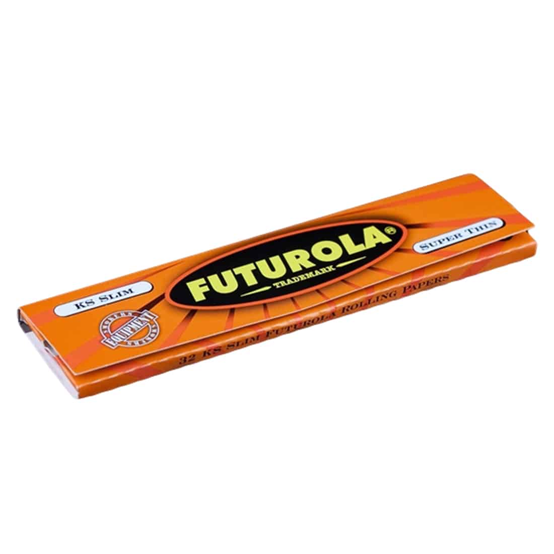 Futurola king size slim rullesystem præsenterer sig i en lys orange farve med en glat, mat overflade. Den har en aflang, rektangulær form og måler 110 mm i bredden. På overfladen findes der sort tekst, der angiver produktets navn og specifikationer. Kanten er let afrundet, hvilket giver en ergonomisk form til håndtering.