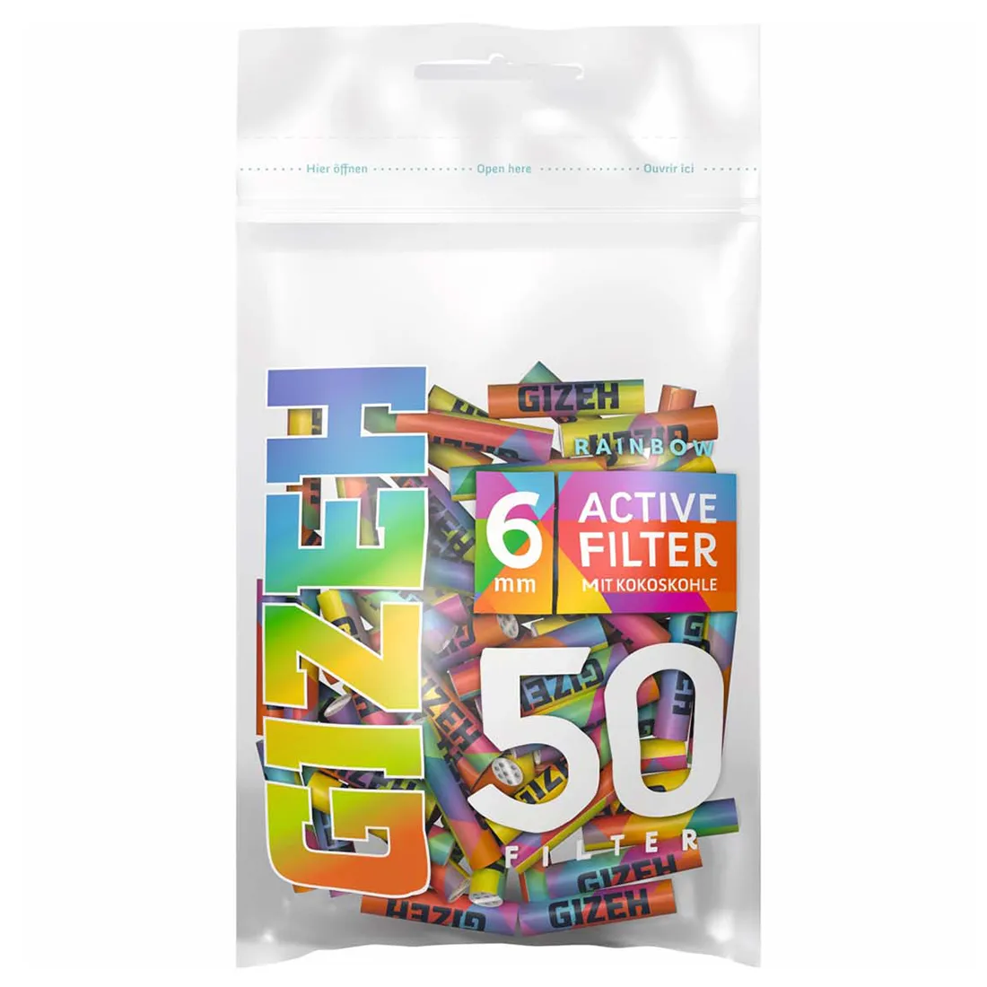 Røret er fremstillet af gennemsigtigt plast med en glat overflade, prydet med farverige striber i nuancer af rød, grøn, blå og gul, som danner et regnbuemønster. Hver enhed måler 6 mm i diameter og har en ensartet, cylindrisk form. Pakken indeholder 50 stykker, der er stablet pænt og ensartet.