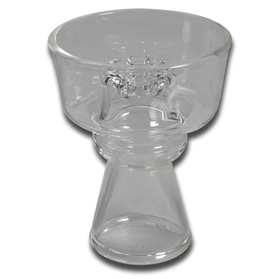 Glas vandpibehoved med en rund form prydet med en transparent, glat overflade. Det er opdelt i en sfærisk kammerstruktur, der skaber en visuel dybde. Farven er klar med subtile nuancer af blå og grøn. Kanten er let afrundet, og der er en åbning i toppen til tilslutning af slangen. Det samlede design er elegant og minimalistisk.