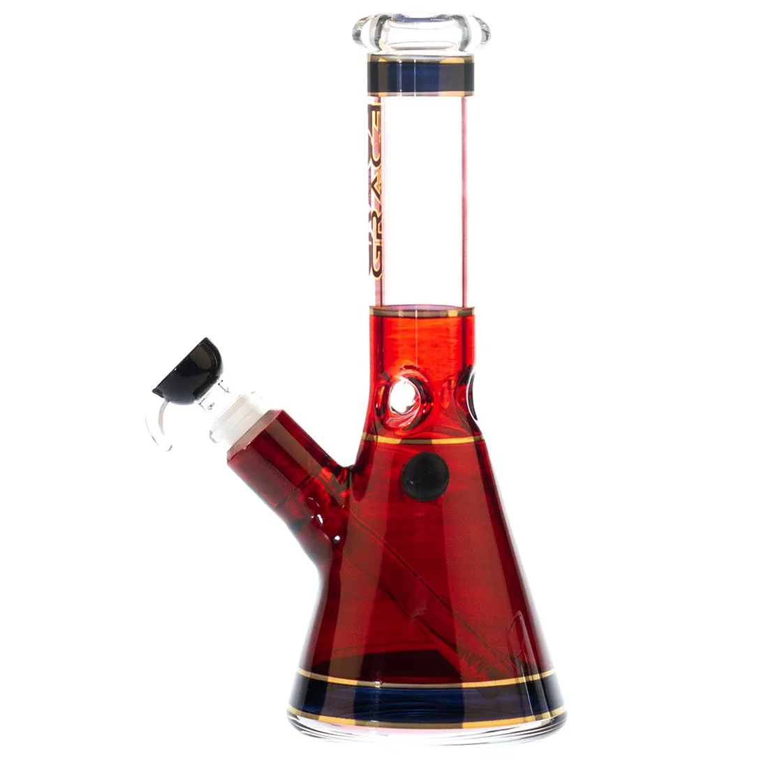 En lyserød babybeholder i glas med en rund, buet form. Beholderen har en glat overflade, der skinner let i lyset. Øverste kant er forsynet med en bred, lige kant. Der er en måleskala indgraveret på siden i mørkere nuancer. Bundens cirkulære form sikrer stabilitet, mens det lette glas giver et delikat udtryk.