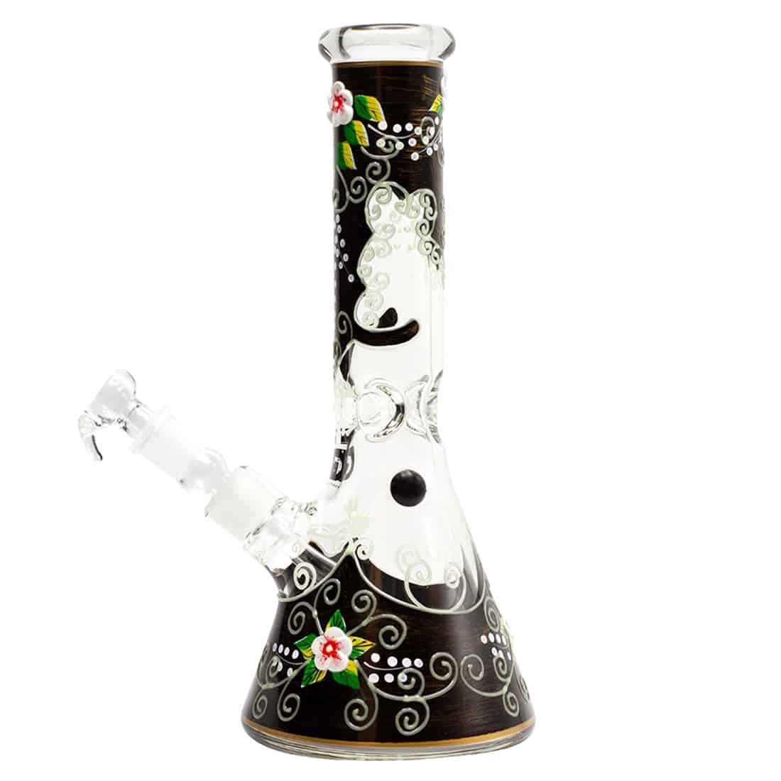 En høj, cylindrisk glasbeholder med en sort, glat base. Beholderens gennemsigtige vægge viser en let bølget tekstur, der skaber en interessant lysreflektion. Øverst har den en bred åbning, der gradvist indsnævres mod midten. Beholderens samlede højde er 32 cm, og den fremstår elegant med en moderne, minimalistisk stil.