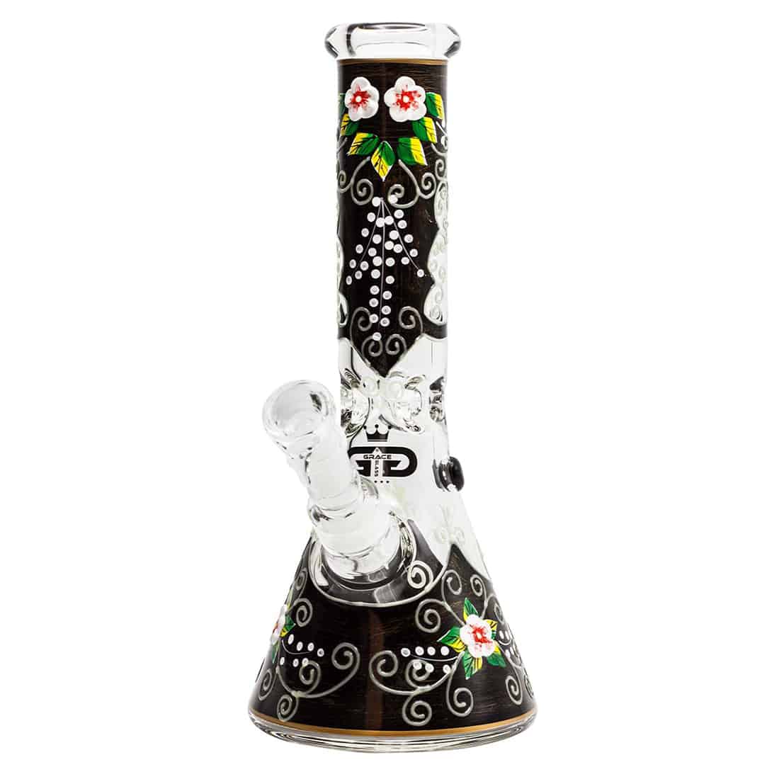 En høj, glasklar beaker med en sort, glat bund. Beakeren har en cylindrisk form med en let udvidende top og en bred åbning. Den glinsende overflade reflekterer lyset, hvilket skaber en lysende effekt. Måleskalaen er tydeligt angivet på siden i hvidt, hvilket giver et kontrastfuldt udtryk mod det klare glas.