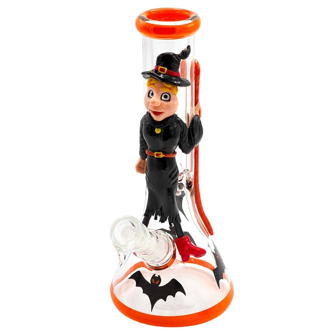 En klar, glasklar beaker med en let buet form og en højde på 32 cm præsenterer sig med en glat overflade, der reflekterer lys. Beakeren har en bred bund, der smalner ind mod toppen, hvor den åbne kant afsluttes med en tynd, glat linje. Indvendigt findes et lysende, grønt skær, der skaber en dramatisk effekt.