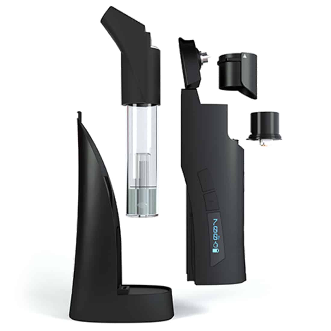 G-Pen Roam fremstår med en slank, cylindrisk form i en mat sort finish. Den er udstyret med en glas vandkammer, der er integreret i designet. Knappen er placeret på en side, og der er et digitalt display, der viser temperaturindstillinger. Overfladen har en glat tekstur, hvilket giver et stilrent udtryk.