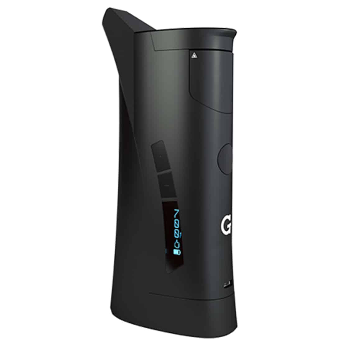 En kompakt vaporizer præsenterer en slank, sort krop med en mat overflade. En gennemsigtig vindue afslører indholdet indeni. Toppen har en afrundet form med en forlængelse, der ser ud til at indeholde en mundstykke. Knappen på siden er cirkulær og let fremtrædende, mens en lille LED-lampe indikerer status. Designet er minimalistisk og funktionelt.