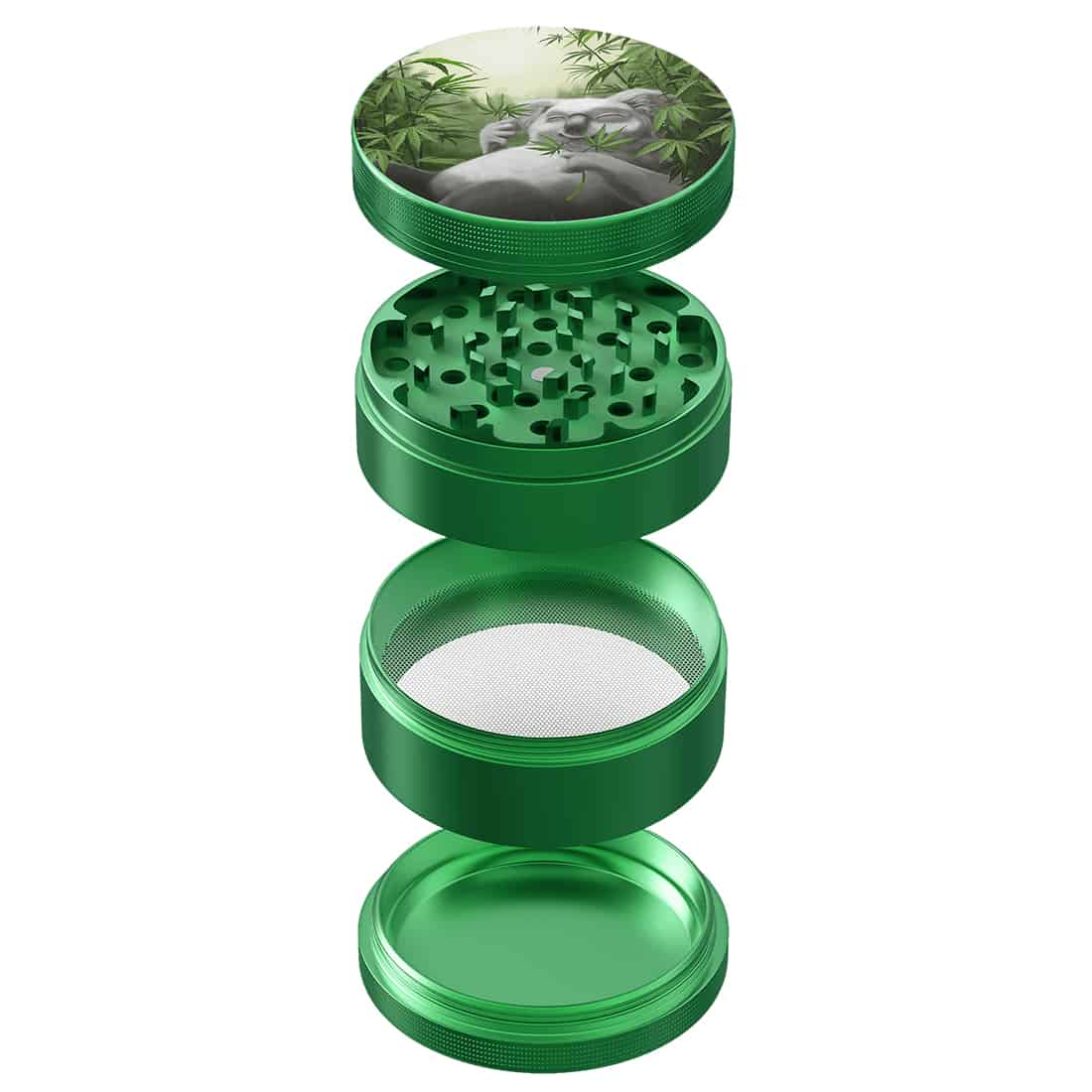 En grå og hvid koalafigur med en glat overflade præsenterer sig i en rund form med en diameter på 63 mm. Øjnene er sorte og runde, mens næsen er bred og sort. Figuren står på en ensfarvet, lys baggrund, og den har en let skygge under sig, der fremhæver dens tredimensionalitet. Detaljerne i ansigtet giver et livligt indtryk.