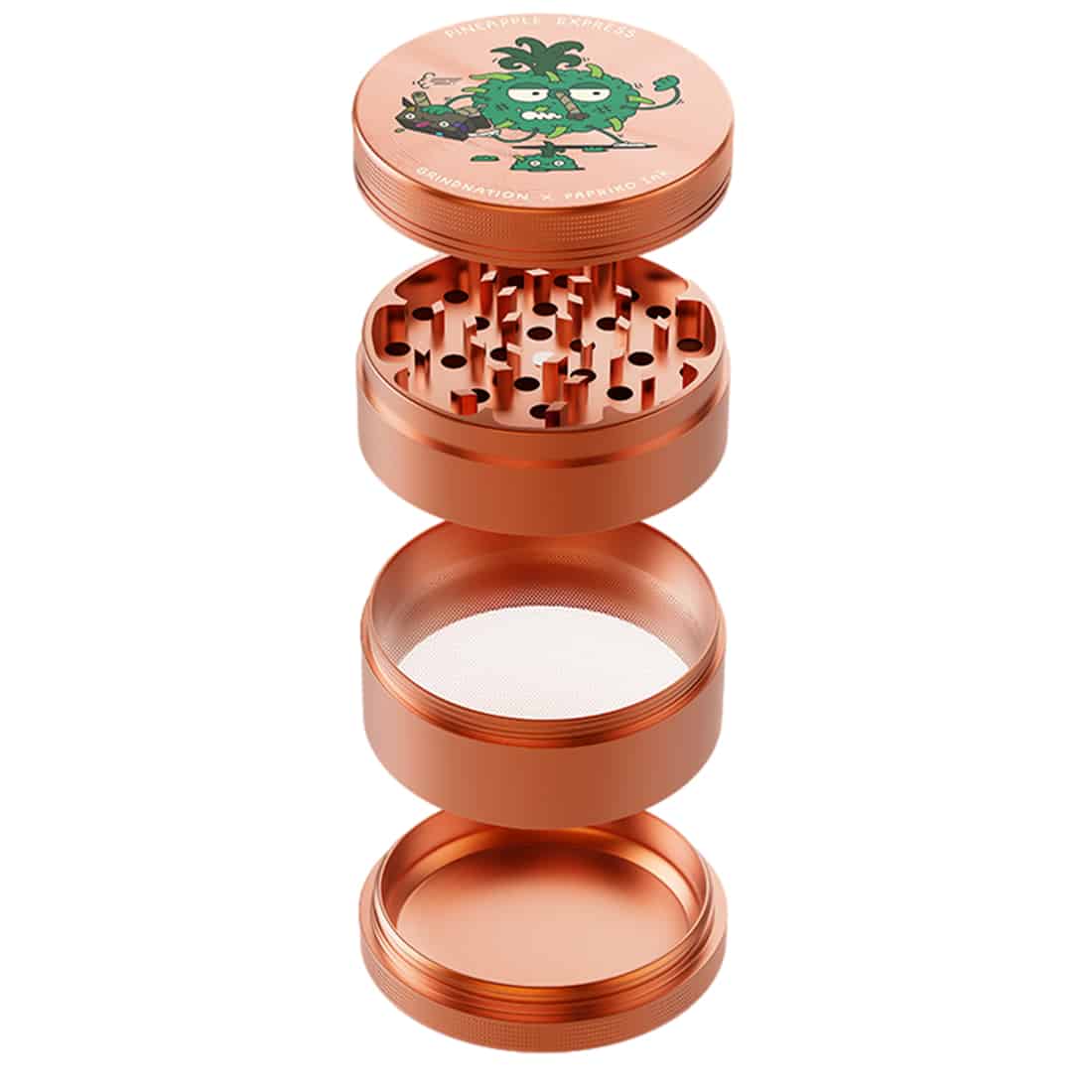 En rørformet enhed præsenterer sig med en klar, transparent krop, der afslører en indvendig mekanisme. Farverne spænder fra lys gul til grøn, hvilket skaber et frugtagtigt tema. Overfladen har en glat tekstur, mens detaljerne inkluderer fine mønstre og logoer. Toppen afsluttes med en sort skruelåg, der sikrer lukning.