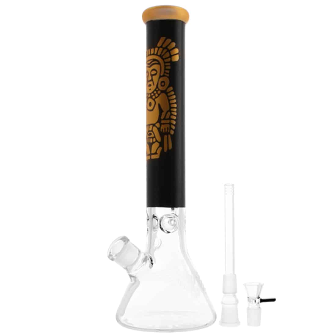 En keramisk vase prydet med et mønster, der kombinerer aztekisk inspiration og geometriske former. Farverne inkluderer dyb blå, hvid og grå, som skaber en kontrast mellem de forskellige elementer. Vasen har en cylindrisk form med en bred åbning og en glat overflade, der reflekterer lys, hvilket fremhæver det detaljerede design.