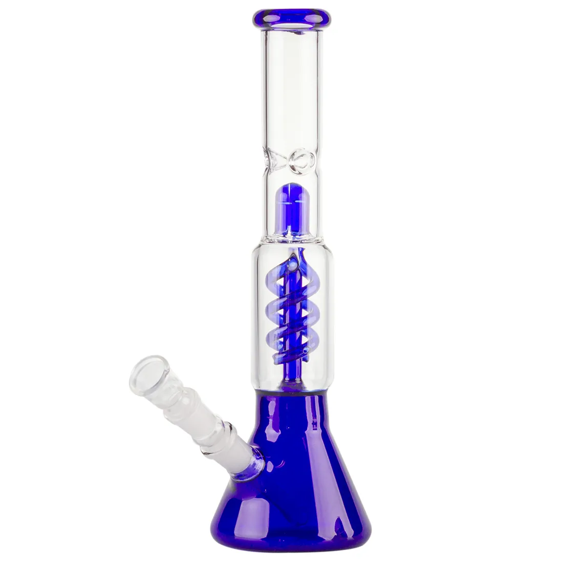 En dybblå, glat overflade præger objektet, der har en oval form med en let buet top. Materialet fremstår gennemsigtigt, hvilket giver en glitrende effekt, når lyset rammer det. Rundt om kanten ses en subtil tekstur, der tilføjer detalje. Objektet er 35 cm højt og står stabilt på en flad base.