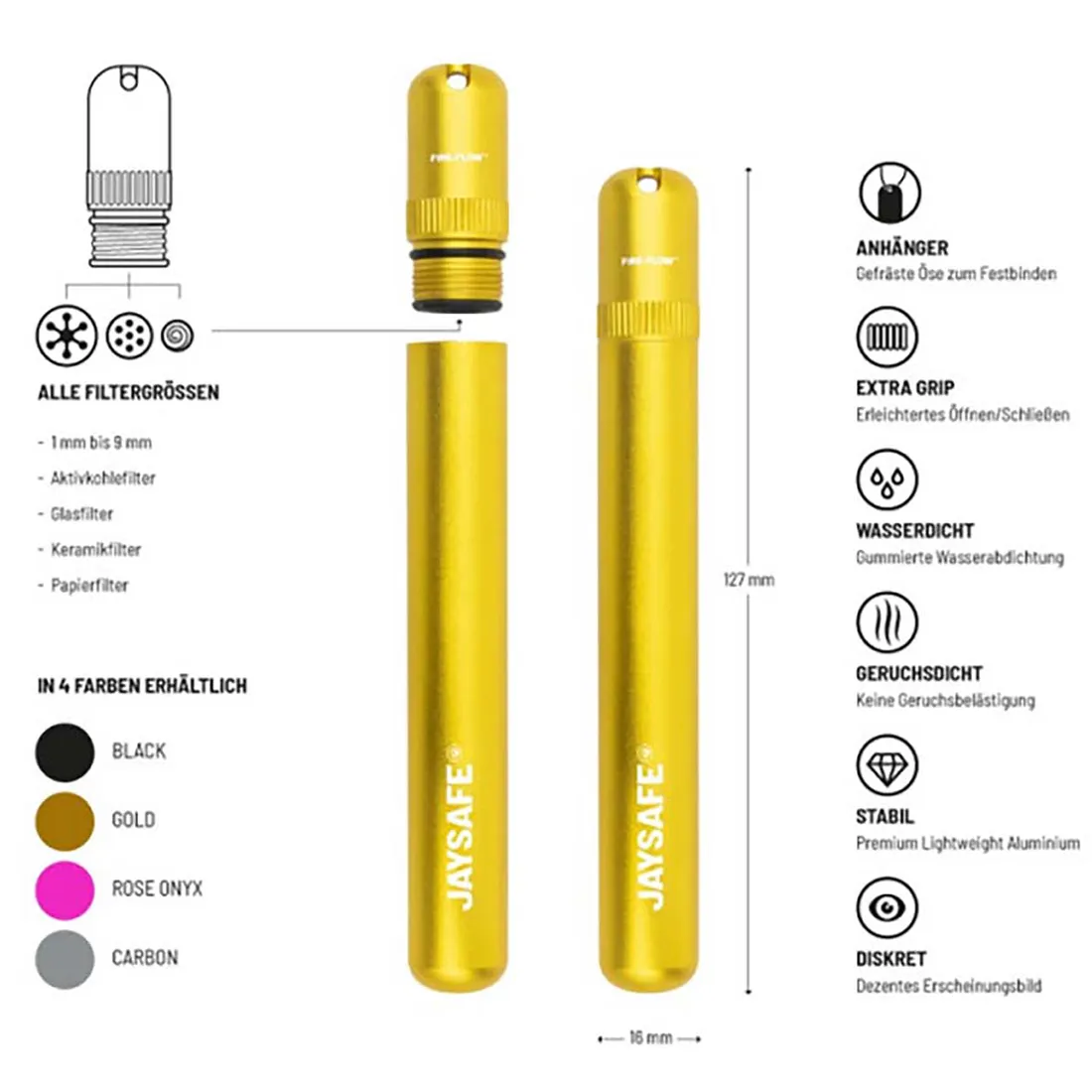 En lang, slank beholder fremstillet af gennemsigtigt plastmateriale, der afslører indholdet. Tuben har en cylindrisk form med en skruehætte i mat sort, præget med et logo. Indholdet består af små, farverige enheder, der er synlige gennem plasten. Overfladen er glat, og der er en let glans, der fremhæver detaljerne i indholdet.